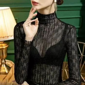 Женская футболка с прозрачными сетчатыми топами, длинными рукавами, облегающая женская шелковая футболка с высоким воротом, кружевной укороченный топF S зелёный