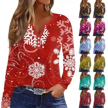 Женская футболка с прямыми плечами и рождественским принтом, длинными рукавами, прямыми плечами и V-образным вырезом на пуговицах XXXL красный