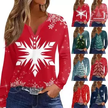 Женская футболка с прямыми плечами и рождественским принтом, длинными рукавами, прямыми плечами и V-образным вырезом на пуговицах XXL красный
