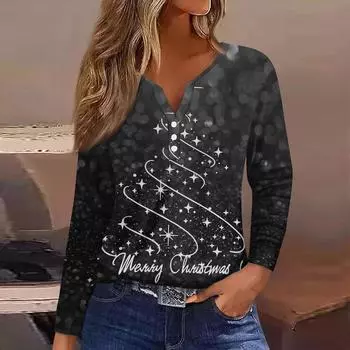 Женская футболка с пуговицами и рождественским принтом, длинный рукав, повседневная, выходного дня, модная, базовая, с V-образным вырезом, обычная L чёрный