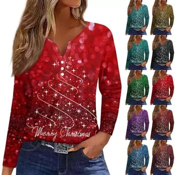 Женская футболка с пуговицами и рождественским принтом, длинный рукав, повседневная, выходного дня, модная, базовая, с V-образным вырезом, обычная XXL красный