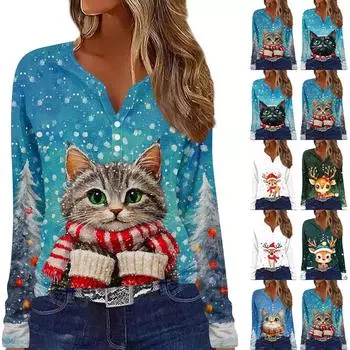 Женская футболка с пуговицами и рождественским принтом, длинный рукав, повседневная, выходного дня, модная, базовая, с V-образным вырезом, обычная S