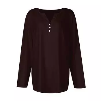 Женская футболка с пуговицами, однотонная, с длинным рукавом, повседневная, выходного дня, модная, базовая, с V-образным вырезом XXXL чёрный