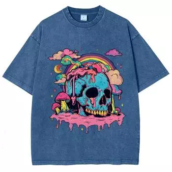Женская футболка с ярким мультяшным принтом черепа, свободная, оверсайз, стирка, высокое качество, короткий рукав, летний модный топ S