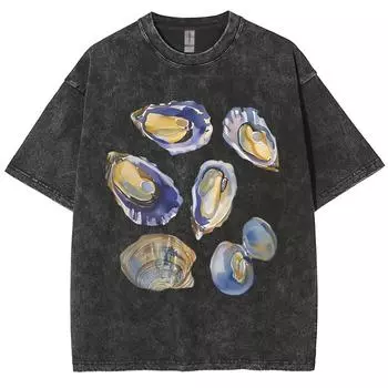 Женская футболка с ярким принтом ракушек, рукав средней длины, эффект стирки под искусственный деним, пуловер с коротким рукавом, прохладный и удобный топ S