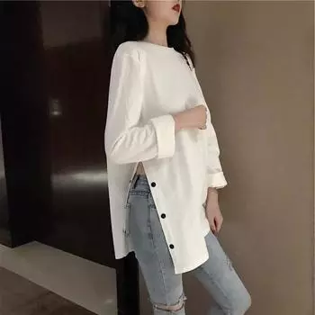Женская футболка с разделенными боковыми пуговицами в корейском стиле, длинные повседневные белые топы с круглым вырезом M белый