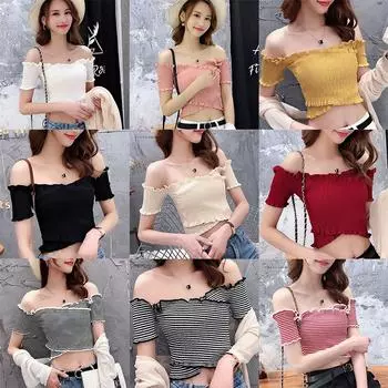 Женская футболка с разрезным вырезом, однотонная трикотажная футболка с короткими рукавами и оборками, укороченный топ