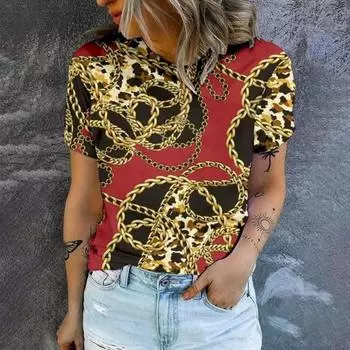 Женская футболка с ретро-золотым ожерельем и 3D-принтом, модная популярная одежда, футболка большого размера, летняя женская футболка с круглым вырезом S