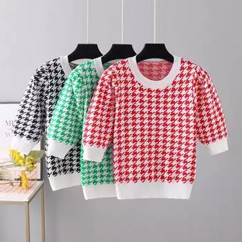 Женская футболка с рисунком «гусиные лапки», модная корейская стильная весенне-летняя повседневная футболка с короткими рукавами, уютный топ, топ One Size чёрный