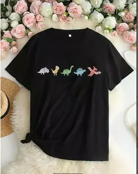 Женская футболка с рисунком из мультфильмов больших размеров — повседневная футболка с коротким рукавом и круглым вырезом для удобной повседневной носки 1XL чёрный