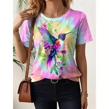 Женская футболка с рисунком колибри, летние, с коротким рукавом, модная, сексуальная, женская одежда, футболки с принтом Y2k, повседневная одежда Wowen 4XL