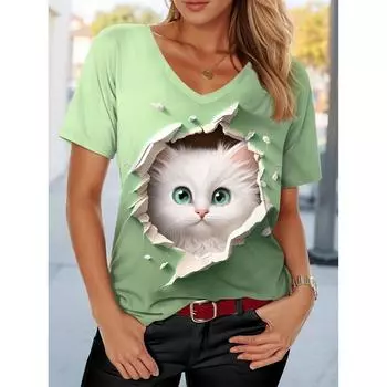 Женская футболка с рисунком кошки Ombre, стильная повседневная футболка с коротким рукавом и V-образным вырезом, обычные топы с принтом, синие, фиолетовые, зеленые, летние футболки S