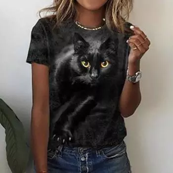 Женская футболка с рисунком кошки, винтажная футболка с круглым вырезом и коротким рукавом, повседневные футболки с изображением животных S