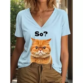 Женская футболка с рисунком кота, стильная классика, повседневная, с коротким рукавом, с V-образным вырезом, обычные топы, повседневный принт, белый, розовый, синий, лето, весна S