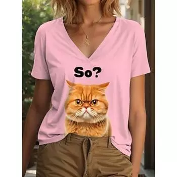 Женская футболка с рисунком кота, стильная классика, повседневная, с коротким рукавом, с V-образным вырезом, обычные топы, повседневный принт, белый, розовый, синий, лето, весна S