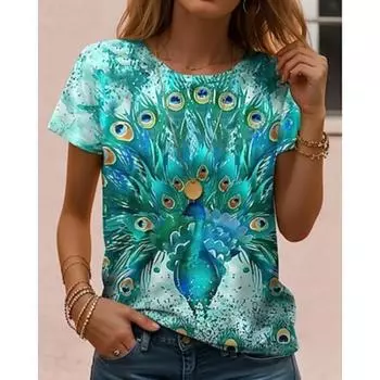 Женская футболка с рисунком омбре и перьями, повседневная, с коротким рукавом, с круглым вырезом, обычная, на каждый день, на выход, на выходные, с принтом, лето S