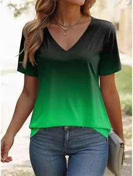 Женская футболка с рисунком омбре, стильная повседневная, с коротким рукавом, V-образным вырезом, обычные топы, повседневный принт, летние градиентные женские модные футболки S
