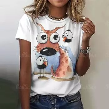 Женская футболка с рисунком птицы и рисунком птицы, новый летний пуловер с круглым вырезом, женские свободные уличные футболки с короткими рукавами, модная женская одежда L