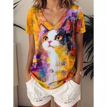 Женская футболка с рисунком животных и кошек, винтажная, стильная, современная, с коротким рукавом, V-образным вырезом, обычные топы с принтом, желтого цвета, лето S