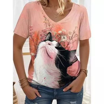 Женская футболка с рисунком животных и кошек, винтажная, стильная, классическая, несколько цветов, короткий рукав, V-образный вырез, обычные топы, повседневный принт, лето S