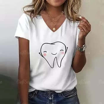 Женская футболка с рисунком «Зуб и дантист», эстетическая, с забавным принтом, женская футболка Y2k Harajuku, белая рубашка с v-образным вырезом, короткие топы S