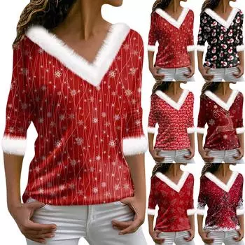 Женская футболка с рождественским принтом, длинный рукав, флисовый воротник, V-образный вырез, футболка XXL