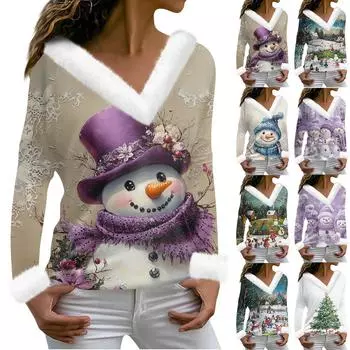 Женская футболка с рождественским принтом, длинный рукав, флисовый воротник, V-образный вырез, футболка XL