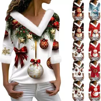 Женская футболка с рождественским принтом, длинный рукав, флисовый воротник, V-образный вырез, футболка XXL