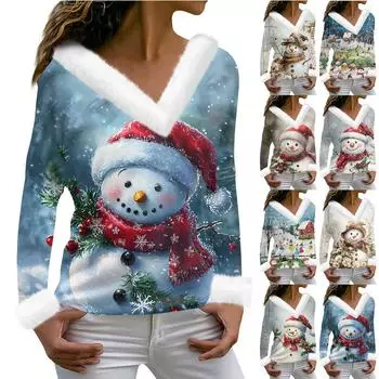 Женская футболка с рождественским принтом, длинный рукав, флисовый воротник, V-образный вырез, футболка M
