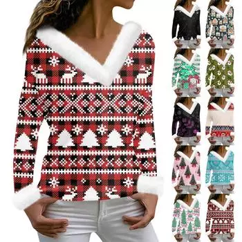 Женская футболка с рождественским принтом, длинный рукав, флисовый воротник, V-образный вырез, футболка XL