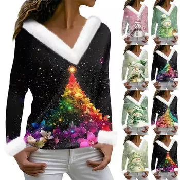 Женская футболка с рождественским принтом, длинный рукав, флисовый воротник, V-образный вырез, футболка XXL зелёный