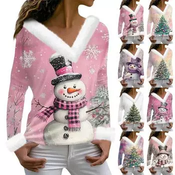 Женская футболка с рождественским принтом, длинный рукав, флисовый воротник, V-образный вырез, футболка XL