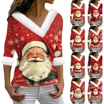 Женская футболка с рождественским принтом, длинный рукав, флисовый воротник, V-образный вырез, футболка S винный