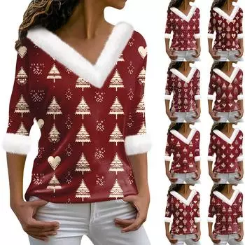 Женская футболка с рождественским принтом, длинный рукав, флисовый воротник, V-образный вырез, футболка XXL винный