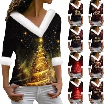 Женская футболка с рождественским принтом, длинный рукав, флисовый воротник, V-образный вырез, футболка XXXL