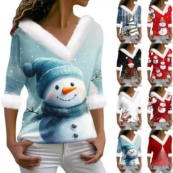 Женская футболка с рождественским принтом, длинный рукав, флисовый воротник, V-образный вырез, футболка S розовый