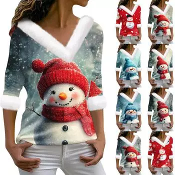 Женская футболка с рождественским принтом, длинный рукав, флисовый воротник, V-образный вырез, футболка S винный
