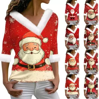 Женская футболка с рождественским принтом, длинный рукав, флисовый воротник, V-образный вырез, футболка M розовый