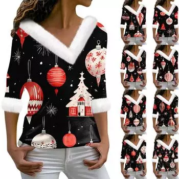Женская футболка с рождественским принтом, длинный рукав, флисовый воротник, V-образный вырез, футболка XXXL красный