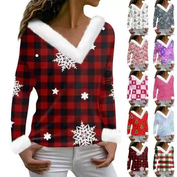 Женская футболка с рождественским принтом, длинный рукав, флисовый воротник, V-образный вырез, футболка L тёмно-синий
