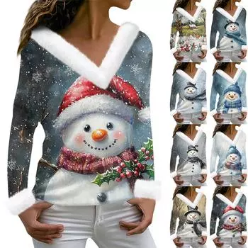 Женская футболка с рождественским принтом, длинный рукав, флисовый воротник, V-образный вырез, футболка L