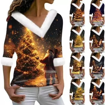 Женская футболка с рождественским принтом, длинный рукав, флисовый воротник, V-образный вырез, футболка XL