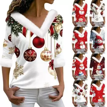 Женская футболка с рождественским принтом, длинный рукав, флисовый воротник, V-образный вырез, футболка M
