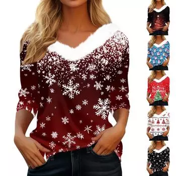 Женская футболка с рождественским принтом, флисовый воротник с рукавом три четверти и V-образным вырезом на рождественской вечеринке XXL синий