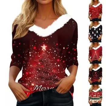 Женская футболка с рождественским принтом, флисовый воротник с рукавом три четверти и V-образным вырезом на рождественской вечеринке M