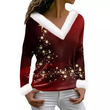 Женская футболка с рождественским принтом, футболка с длинным рукавом, флисовый воротник, топ с V-образным вырезом S