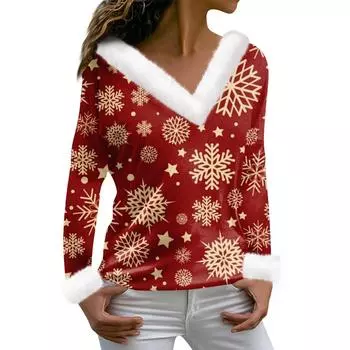 Женская футболка с рождественским принтом, футболка с длинным рукавом, флисовый воротник, топ с V-образным вырезом M