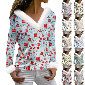 Женская футболка с рождественским принтом, футболка с длинным рукавом, флисовый воротник, топ с V-образным вырезом M бежевый