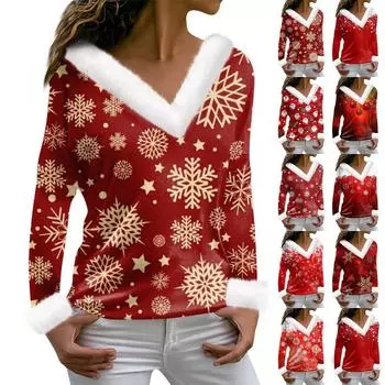 Женская футболка с рождественским принтом, футболка с длинным рукавом, флисовый воротник, топ с V-образным вырезом XL розовый