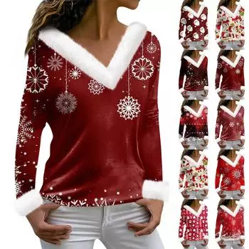Женская футболка с рождественским принтом, футболка с длинным рукавом, флисовый воротник, топ с V-образным вырезом XXXL хаки